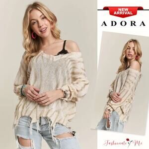 ADORA V-Neck Frayed Hem Zebra Print Lightweight Oversized Knit Sweater | Ivory